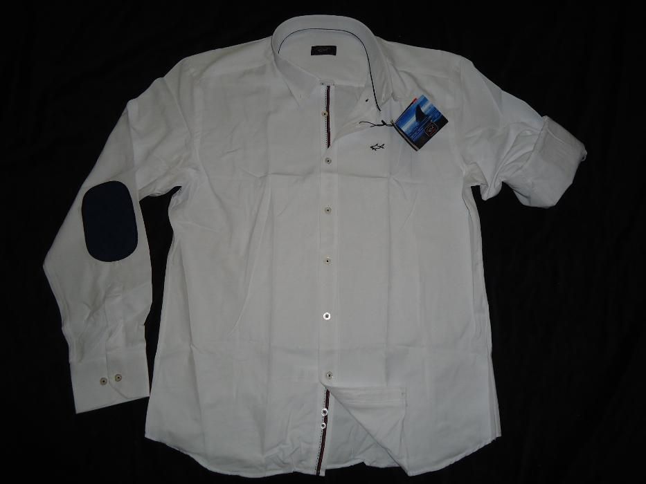 Camasa barbati maneca lunga coate bumbac denim turcoaz alba bleu P&S