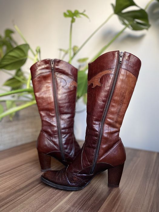 Cizme Piele Naturala Cowboy / Ciocate Vintage Western - Marimea 36