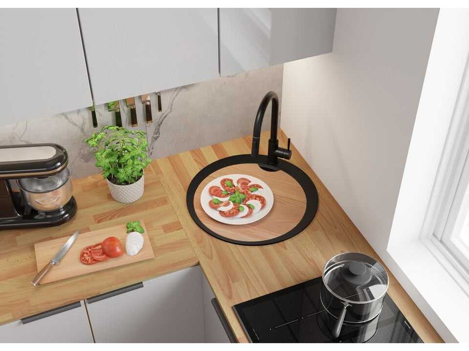 Черна кръгла кухненска гранитна мивка Пиза 50 Top 530 x 530 мм