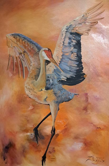 Картина маслом "Цапля в оранжевом"