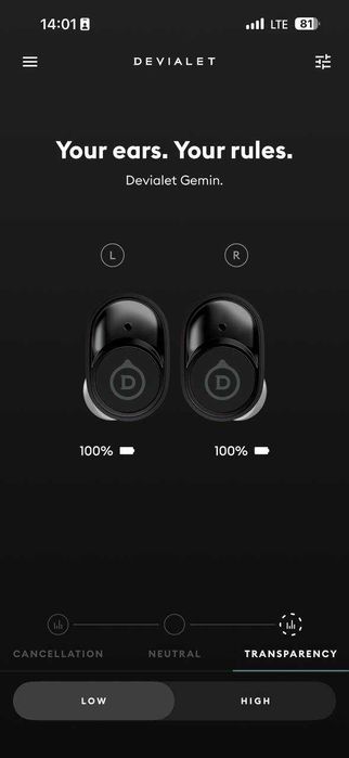 Căști Bluetooth Devialet Gemini I (T110) - Cutie completă / Baterie dreapta 1h