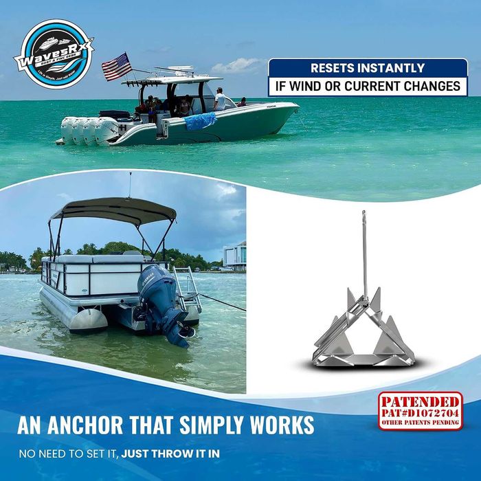 WAVESRX TriAnchor Сгъваема котва от неръждаема стомана за лодка, джет или катер, 12 lb