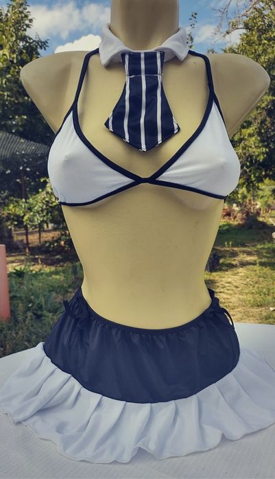 Set lenjerie sexy top decolteu adanc si fusta voal  plaja&  set lenjerie role play studenta cravata