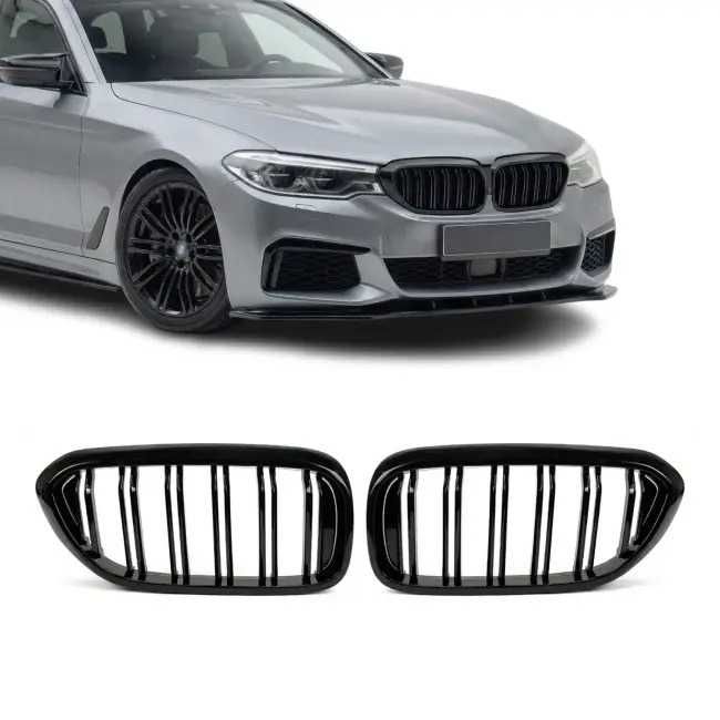 Grile Duble Nari M Bara Fata BMW Seria 5 G30 G31, Negru Lucios, Grila Dubla, Capace oglinzi
