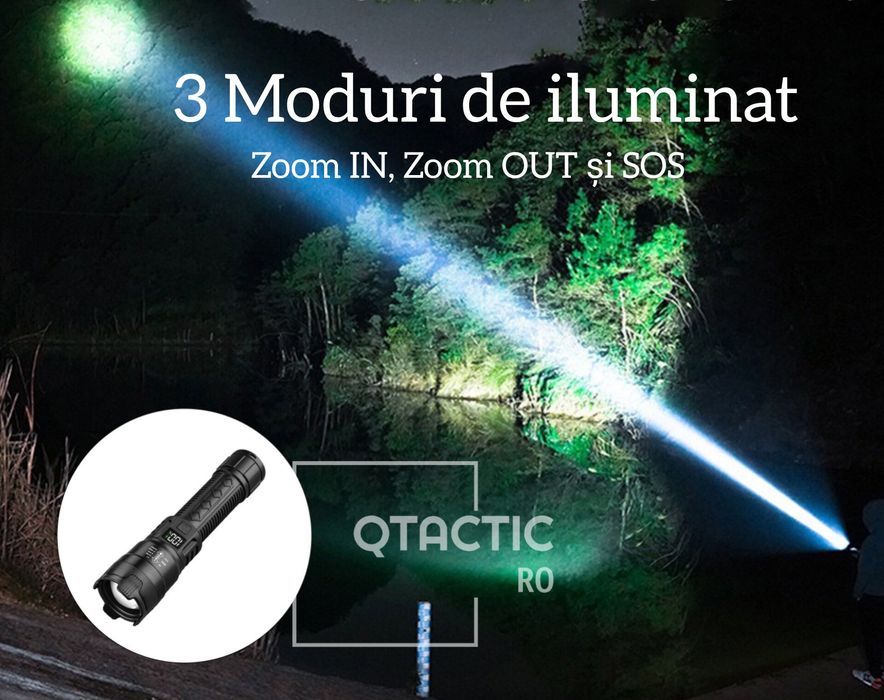 Lanternă tactică cu LED, afișaj digital, autonomie mare, incărcare USB