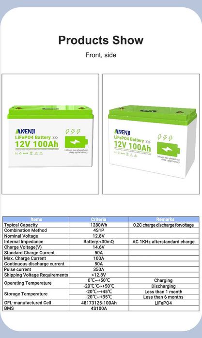 Baterie LifePo4 Anenji 12v 100Ah  power bank