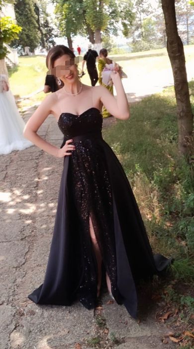 Trenă neagră din tafta grea, rochie nașă / de seara / deosebită