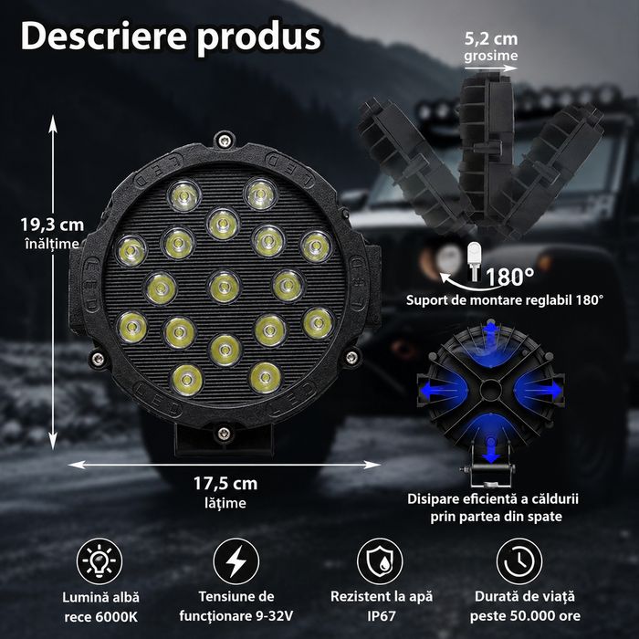 Set 2 Proiectoare LED Rotunde 7 Inch 10-60V Offroad