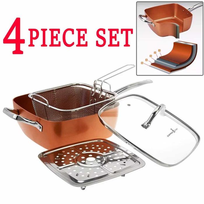 Нов дълбок меден тиган Copper Pan Комплект 6 в 1, Незалепващо Cerami-Tech покритие, Индукционно дъно, Стъклен капак, Кошница, Тава за готвене на пара