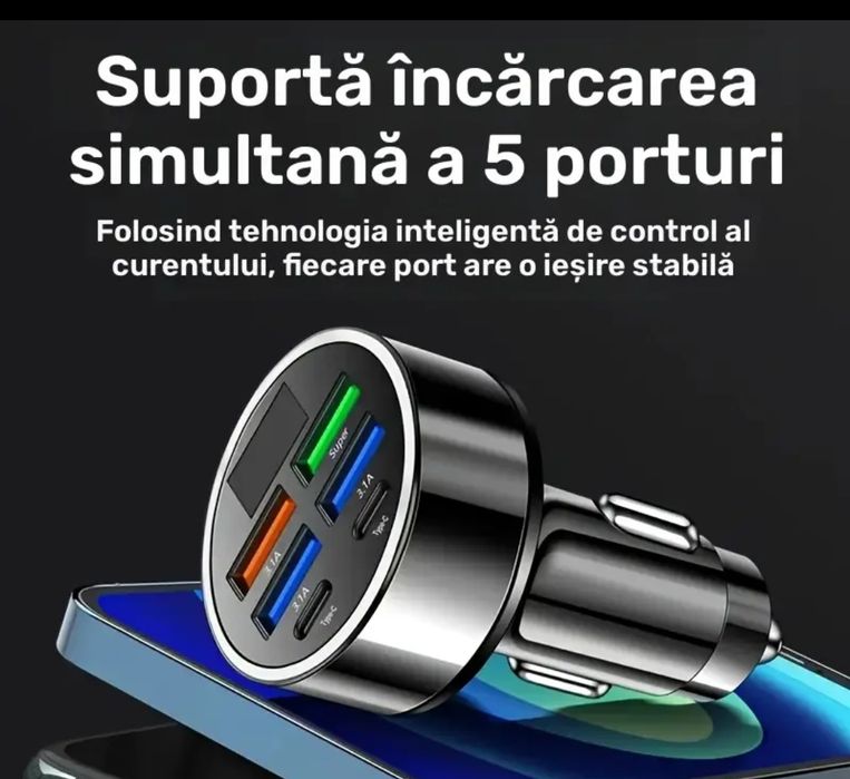 Încărcător auto, 6 porturi USB/2 USB Type C