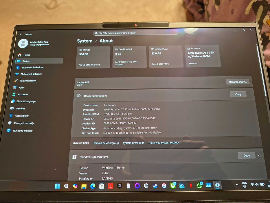 IdeaPad Slim 5, RyzenAI 7 350, 16" OLED, 32GB DDR5, SSD 1TB, Windows11