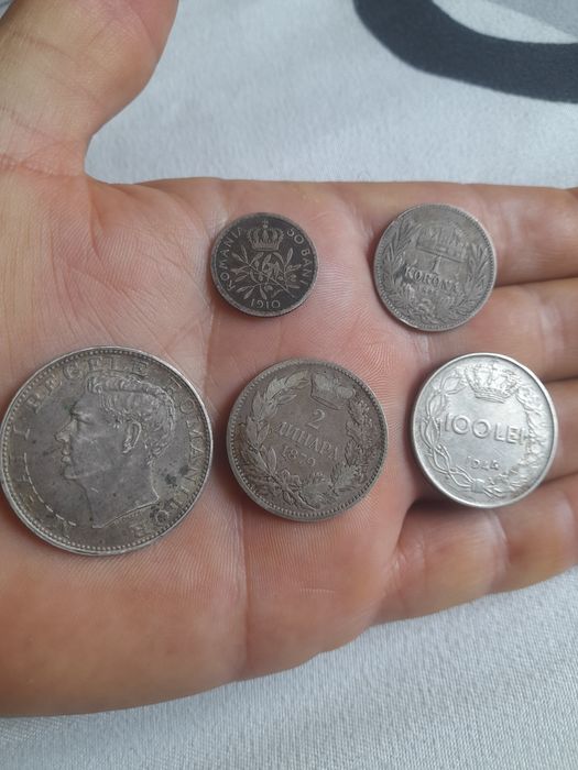Lot 5 Monede Argint Vechi 1879-1944 - 2 Dinari Serbia 1879, Carol I 1910, 1 Korona 1892, 100 Lei 1944 - Colectie