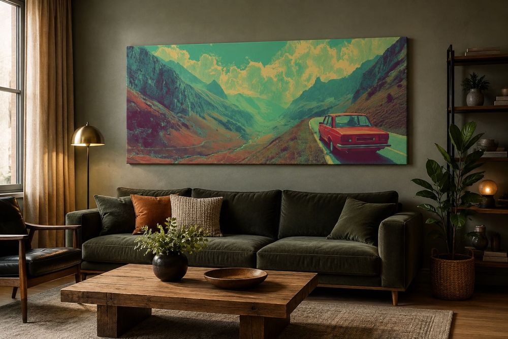 Tablou canvas panoramic Serpentine, mașină de epocă la munte, poster retro, 80×34 - 140×60 cm