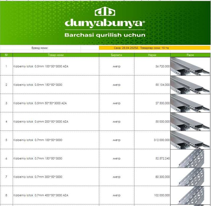 Кабельные лотки в ассортименте | Assortimentdagi kabel lotoklar