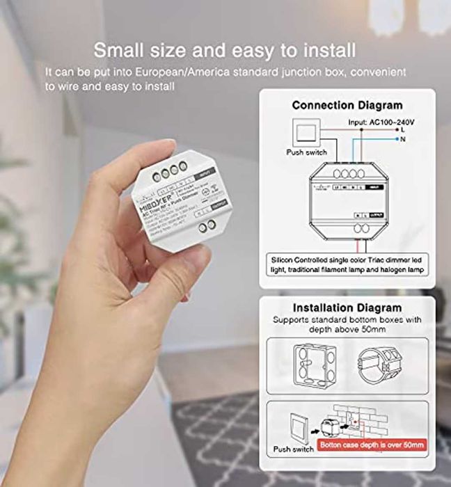 Miboxer Modul Dimmer TRIAC RF și Control PUSH pentru LED-uri Dimmabile