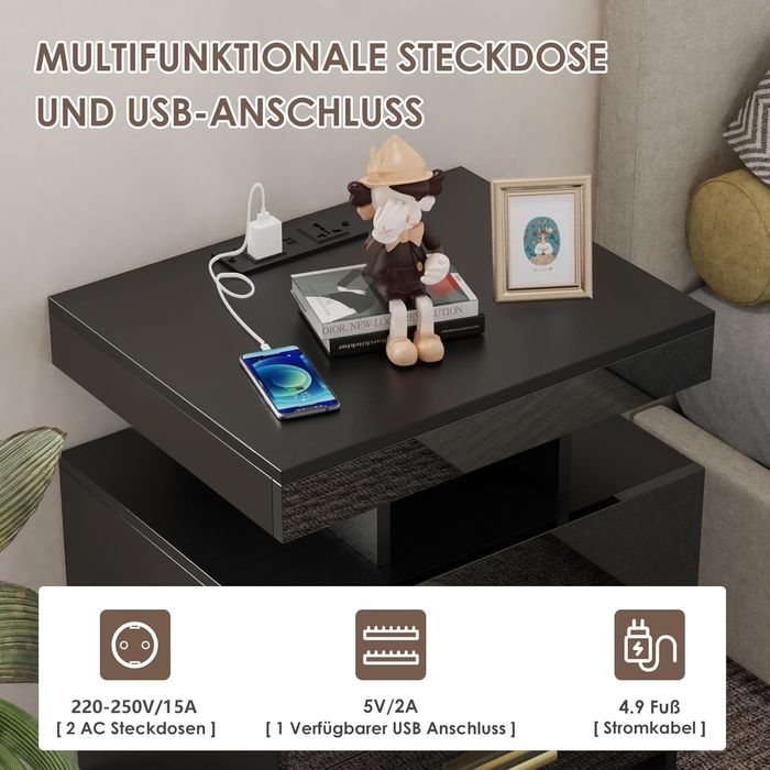 Промоция!Нощно шкафче с 2бр,чекмеджета и 16 цвята RGB LED/2 AC контакта, 2 USB порта