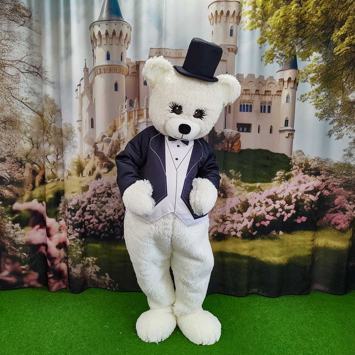 Costum mascota urs alb Teddy Bear luxury fur elegant pentru evenimente