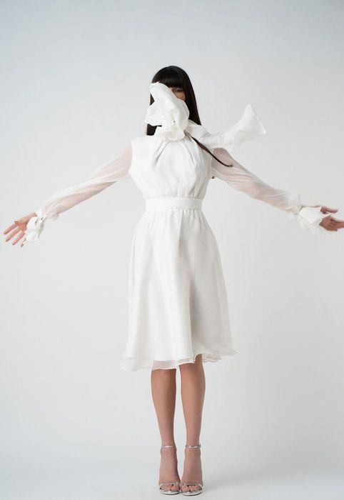 Rochie cununie -albă midi, mătase naturală, mărime S