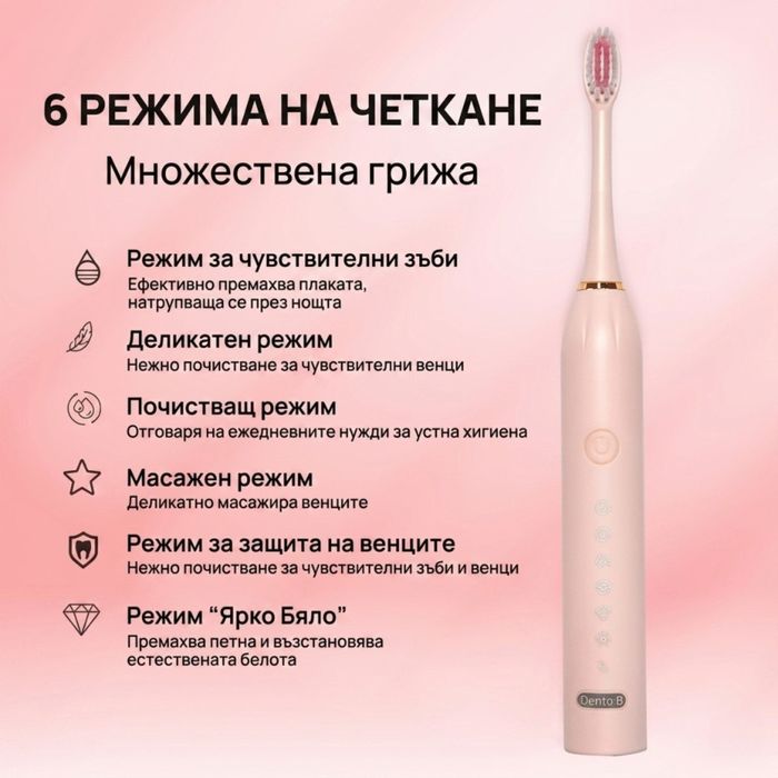 Ултразвукова електрическа четка за зъби X3, 6 режима на почистване, Smart Таймер, IPX7 + 4 накрайника, Розова