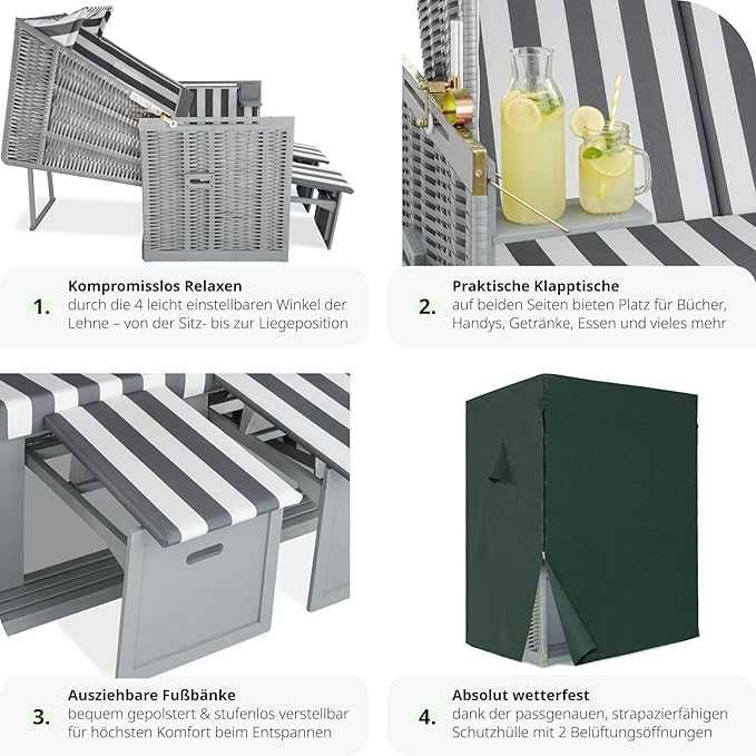 Плажен стол tectake® Baltic Sea, 2-местен, регулируема облегалка