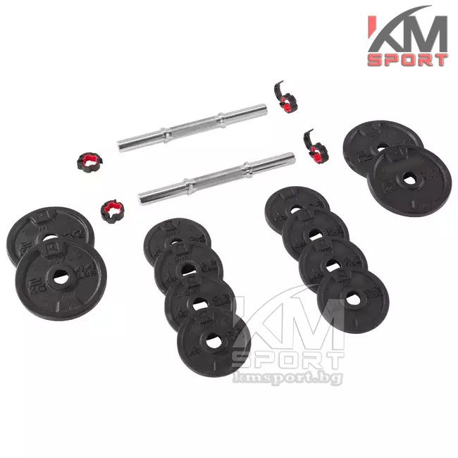 Нов комплект дъмбели по 10кг в куфарче (с метални дискове)