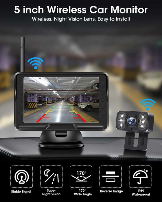 Jansite P067 Безжична камера за заден ход AHD 1080P с 5-инчов монитор