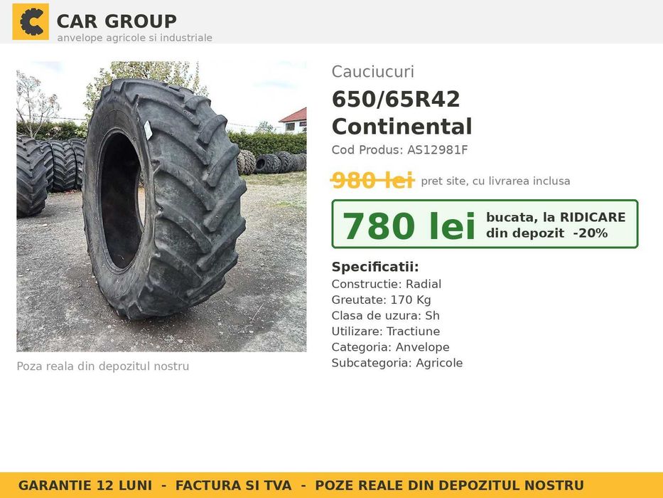 Anvelope Cauciucuri 650/65R42 650 65 R42 6506542 650 65R42 Continental Tractor Utilaje Agricole Radial SH Second Hand ANVELOPE Garantie 1 An Factura