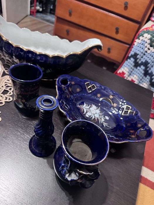 Vand set 7 bucati portelan-cobalt cu accente aurii