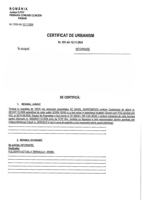 Proprietar - Teren intravilan Clinceni - 15.070 mp - 14 euro/mp