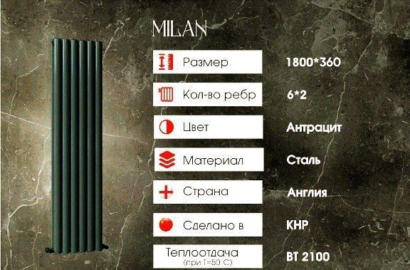 Dizaynerskiy Radiator Milan, Radiator otopleniye Vertikalniye radiator