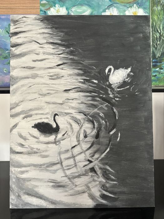 Tablou cu lebede, pictat manual