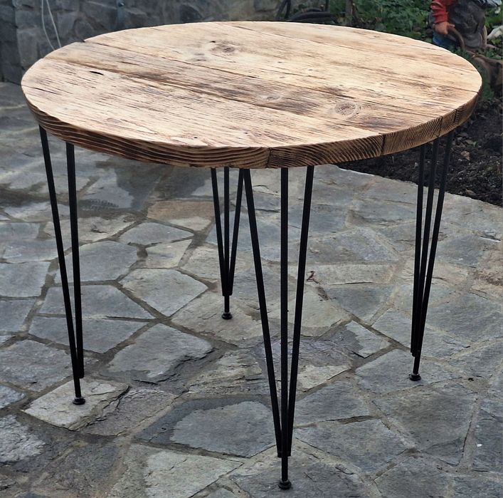 Masă rotundă din lemn masiv, stil industrial-rustic