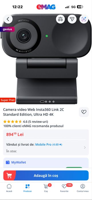 Webcam Insta360 Link 2C 4K Ultra HD – AI Auto Focus / HDR / USB-C