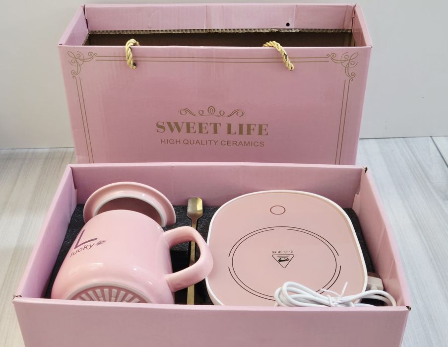 Set cana ceramica cu incalzire scris auriu Lucky 350 ml roz