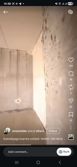 AKSIYA Urganch sh markazida 2 xonali kvartira sotiladi