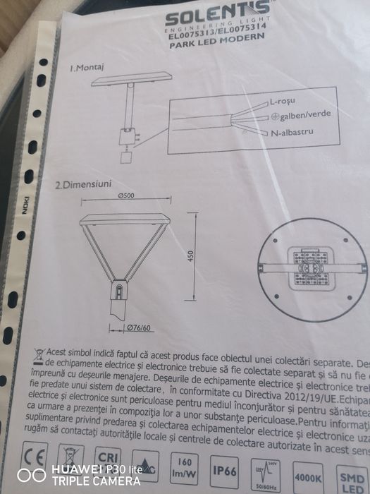 Corp Iluminat Parc/Curte Solentis LED 220v/ 60W, Cod EL0075314, Nou în cutie