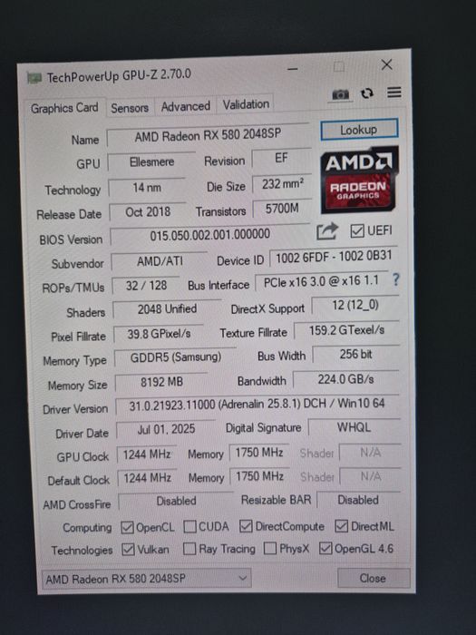 Видекарта AFOX RX 580 на 8gb
