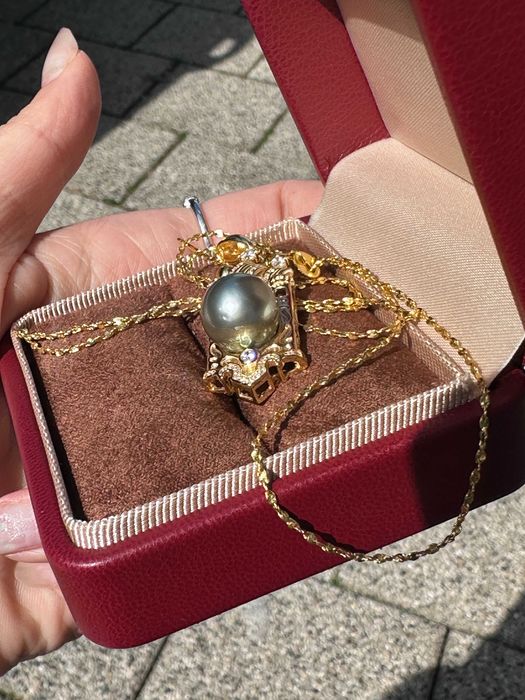 Colier cu perlă neagră Tahitiană, pandantiv vintage + Argint 925