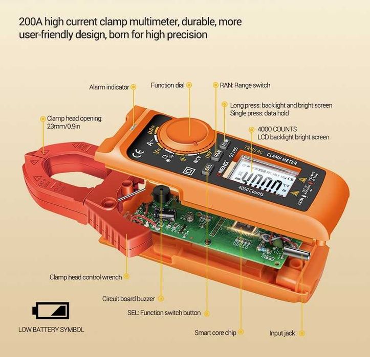 Cleste ampermetric True RMS clampmetru 200A Aneng ST185 multimetru