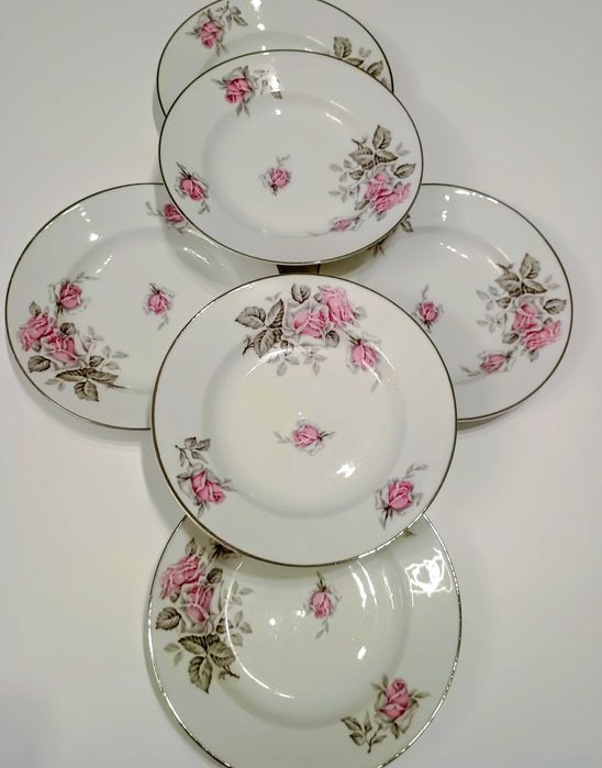 Ретро порцеланови чинии 6 бр. с  рози и сребрист кант 23 см