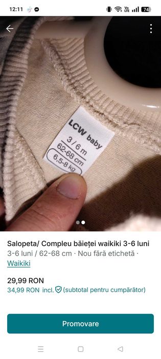 Salopeta/compleu băieți waikiki 3-6 luni