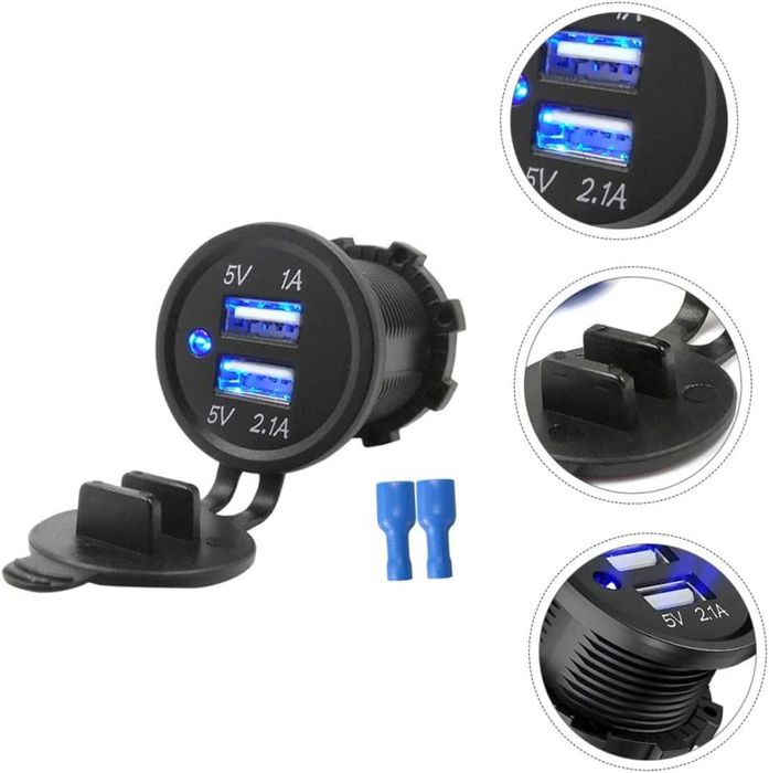 USB зарядно с 2 гнезда за вграждане в таблото 12/24V - 1A/2.1A