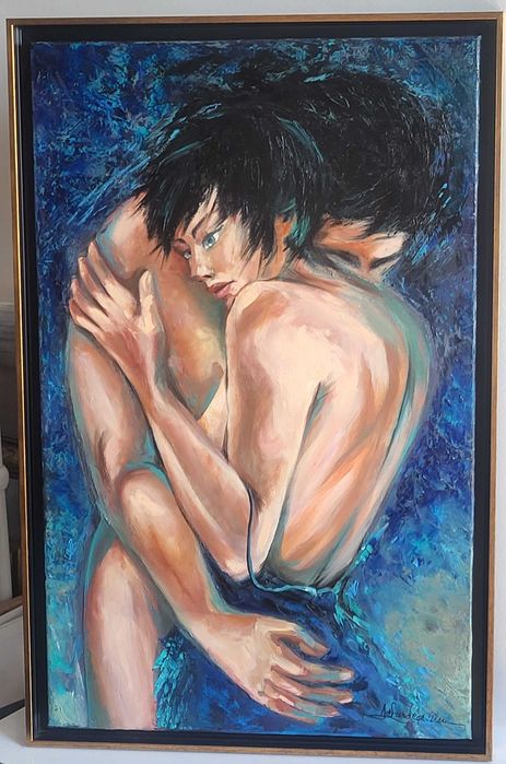 Pictura, tablou mare ulei, nou, -BLUE LOVE-, pictor roman consacrat