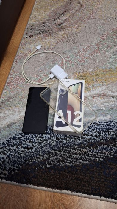 Samsung Galaxy A12 + кутия, зарядно, адаптер и калъф
