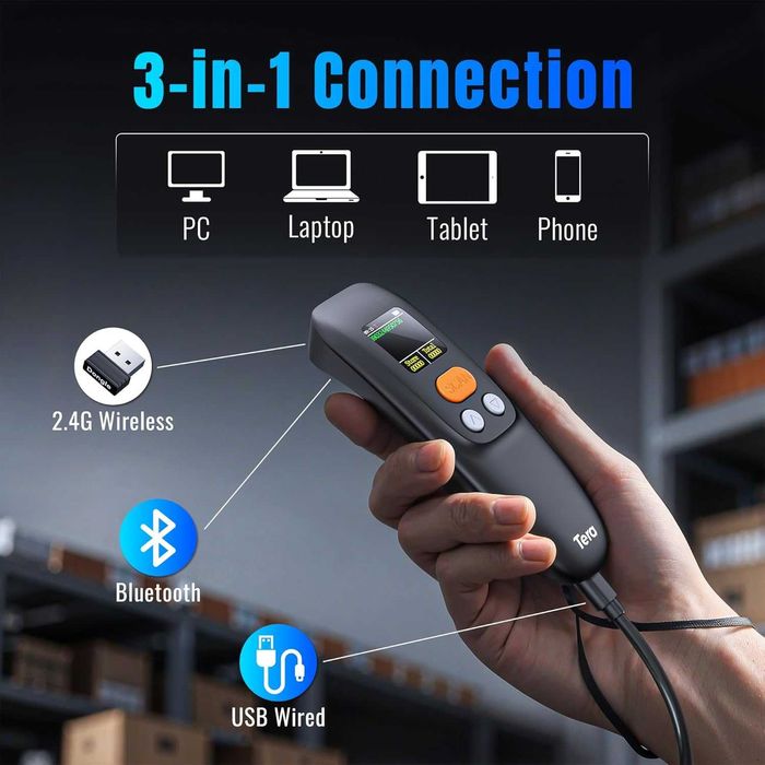 Мини безжичен скенер за баркодове Tera 1600, 1.4" екран, 1200 mAh