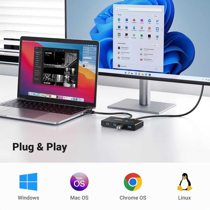 ПРОМО Нов UGREEN KVM Switch Суич 2 x USB 3.0 към 4 x USB 3.0 5Gbps