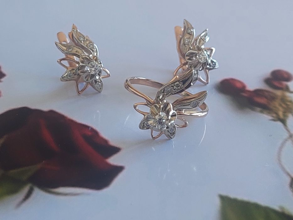 Золотые серьги,кольцо с бриллиантами 583