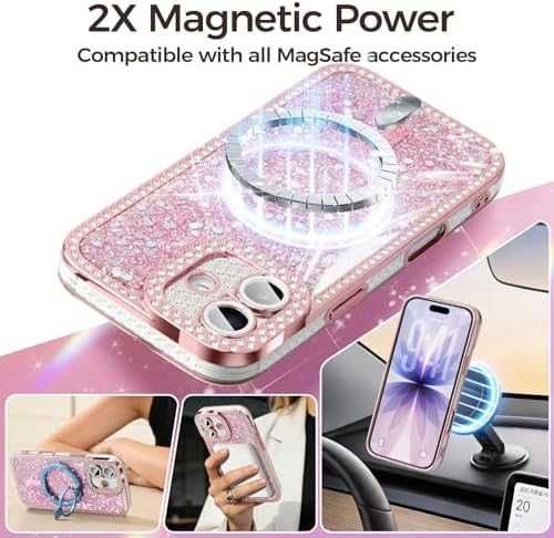 Нов Калъф за iPhone 17 MagSafe розов блестящ с кристали и каишка, защитен кейс Айфон