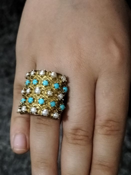 Set bijuterii boho- colier, brățară, cercei și inel, turcoaz & perle