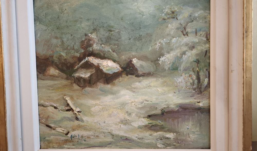 Tablou vechi, ulei pe carton, rama lemn, semnat